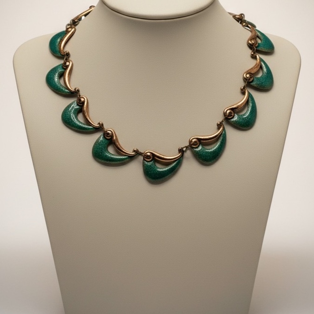 Vintage Matisse Renoir Copper Enamel Link Necklace Teal Green MCM Signed